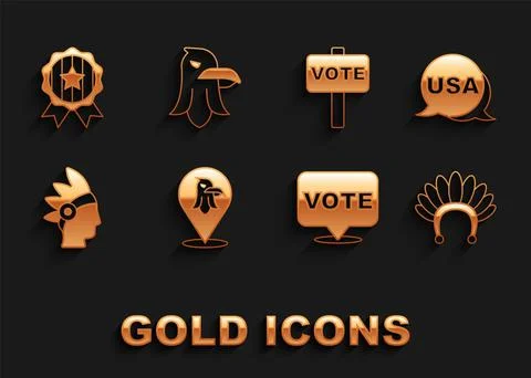 Set Eagle, USA Independence day, Indian headdress with feathers, Vote, Native Stock Illustration