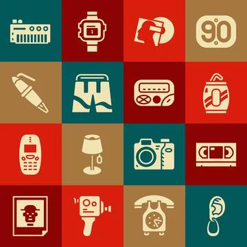 Set Ear with earring, VHS video cassette tape, Soda can straw, Vinyl disk, .. Stock Illustration
