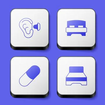 Set Earplugs and ear, Big bed, Sleeping pill and icon. White square button Stock Illustration