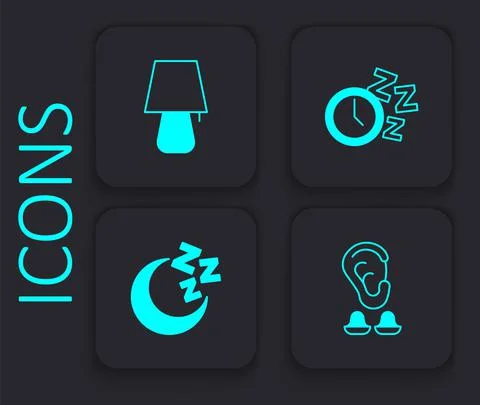 Set Earplugs and ear, Table lamp, Alarm clock and Moon stars icon. Black square Stock Illustration