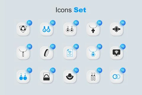 Set Earrings, Wedding, Diamond,  and Certificate of the diamond icon. Vector Stock Illustration