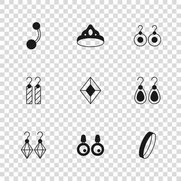 Set Earrings, Wedding, Gem stone, Piercing, King crown and  icon. Vector Stock Illustration