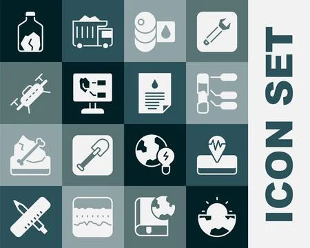 Set Earth core structure crust, Earthquake, Soil analysis, Barrel, Drone, O.. Illustrazione stock