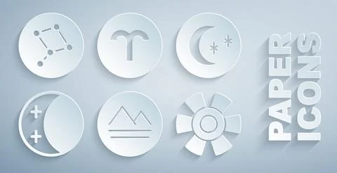 Set Earth element, Moon and stars, Eclipse of the sun, Sun, Aries zodiac and Ilustração Stock