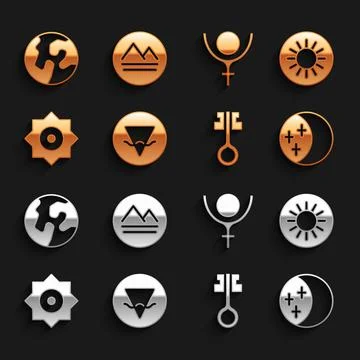 Set Earth element, Sun, Eclipse of the sun, Old magic key, Falling star, Symbol Stock Illustration