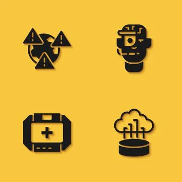 Set Earth with exclamation mark, Network cloud connection, First aid kit and  Stock Illustration