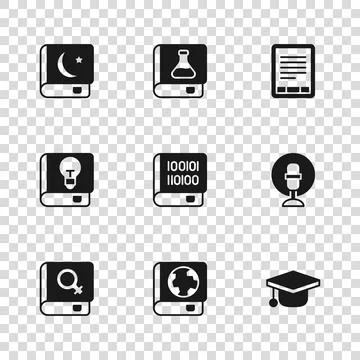 Set Earth globe and book, Microphone, Graduation cap, Books about programmi.. イラスト素材