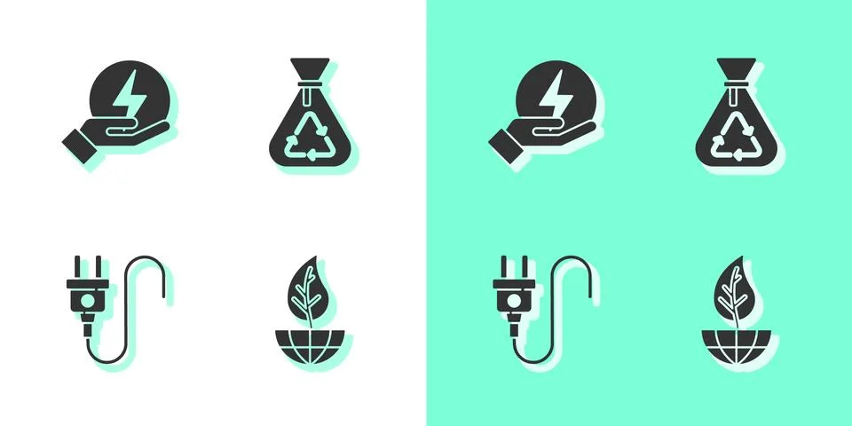 Set Earth globe and leaf, Lightning bolt, Electric plug and Garbage bag with 스톡 일러스트