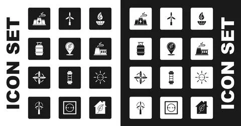Set Earth globe and leaf, Location with, Propane gas tank, Power station plant Stock Illustration