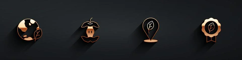 Set Earth globe and leaf, Apple core, Location with and Leaf Eco symbol icon Stock Illustration