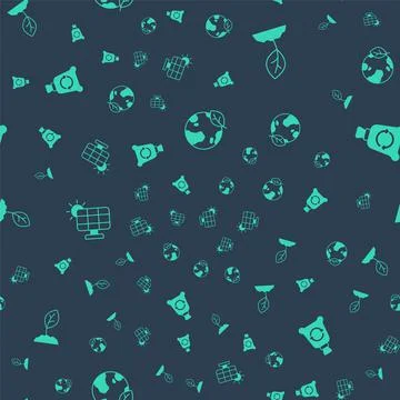 Set Earth globe and leaf, Sprout, Solar energy panel and Garbage bag with rec Stock Illustration