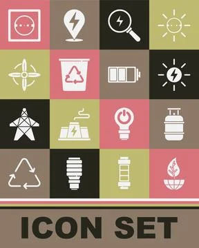 Set Earth globe and leaf, Propane gas tank, Solar energy panel, Lightning bolt Stock Illustration