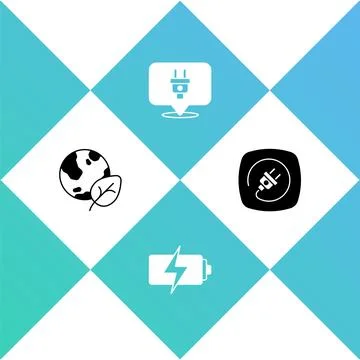 Set Earth globe and leaf, Battery, Electric plug and icon. Vector Stock Illustration