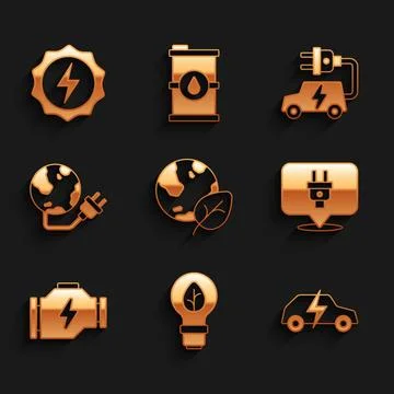 Set Earth globe and leaf, Light bulb with, Electric car, plug, Check engine.. Stock Illustration