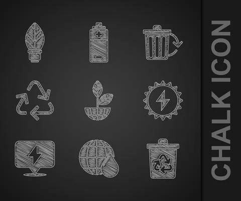 Set Earth globe and plant, planet in water drop, Recycle bin with recycle, Solar Stock Illustration