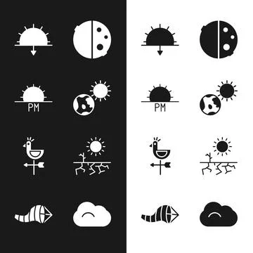 Set Earth globe and sun, Sunset, Eclipse of the, Rooster weather vane, Drought Stock Illustration