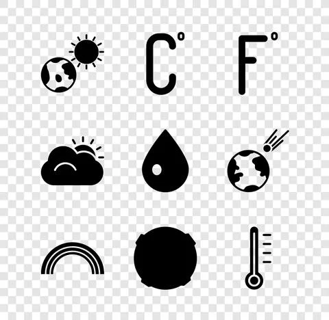 Set Earth globe and sun, Celsius, Fahrenheit, Rainbow, Moon, Meteorology Ilustração Stock