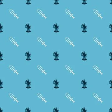 Set Earth globe and Sword for game on seamless pattern. Vector Stock Illustration