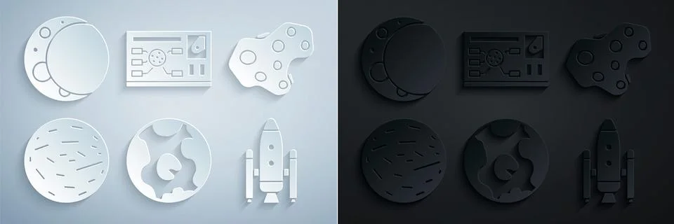 Set Earth globe, Asteroid, Planet Venus, Space shuttle and rockets, Futuris.. Ilustração Stock