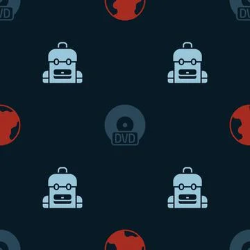 Set Earth globe, CD or DVD disk and School backpack on seamless pattern. Vector 스톡 일러스트