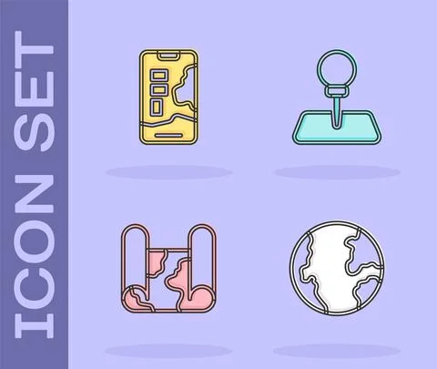 Set Earth globe, City map navigation, Folded and Push pin icon. Vector Illustrazione stock