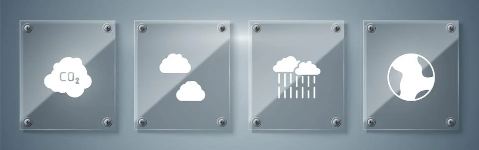 Set Earth globe, Cloud with rain, and CO2 emissions cloud. Square glass panels 库存插图