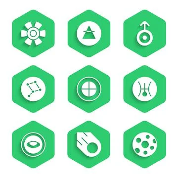 Set Earth globe, Comet, Full moon, Symbol Uranus, Medallion with eye, Great Bear Ilustração Stock