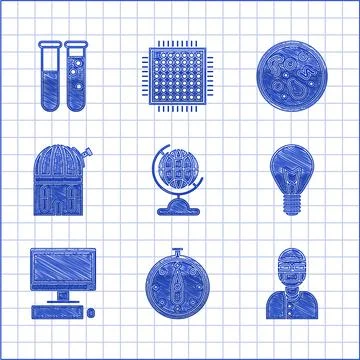 Set Earth globe, Compass, Assistant, Light bulb with concept of idea, Compute イラスト素材