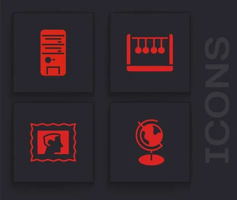 Set Earth globe, Computer, Pendulum and Postal stamp icon. Vector Stock Illustration