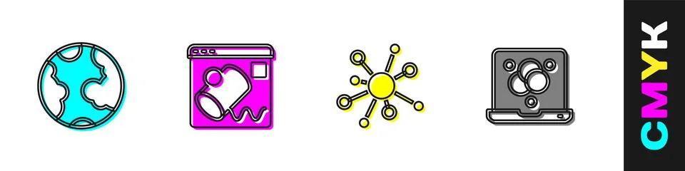 Set Earth globe, Data visualisation, Molecule and Chemical formula icon. Vector 스톡 일러스트