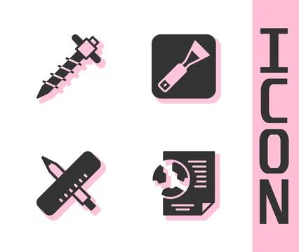 Set Earth globe with document, Construction jackhammer, Crossed ruler and pencil イラスト素材