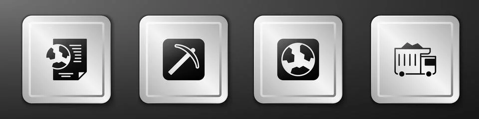 Set Earth globe with document, Pickaxe, and Mining dump truck icon. Silver Stock Illustration