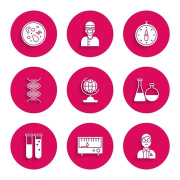 Set Earth globe, Electrical measuring instruments, Scientist, Test tube and Illustrazione stock