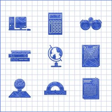 Set Earth globe, File document and paper clip, Exam with incorrect answers Illustrazione stock