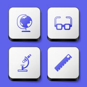 Set Earth globe, Glasses, Microscope and Ruler icon. White square button. Vector Stock Illustration