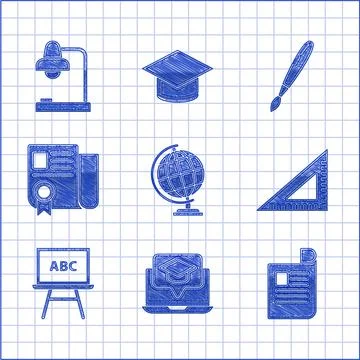 Set Earth globe, Graduation cap on screen laptop, Document, Triangular ruler Illustrazione stock