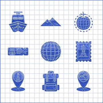 Set Earth globe, Hiking backpack, Map pointer with mountain, Postal stamp and Stock Illustration
