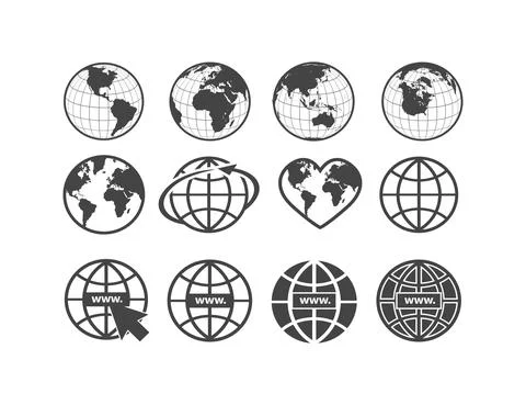 Set of earth globe icons in flat and linear design on a white background Stock Illustration