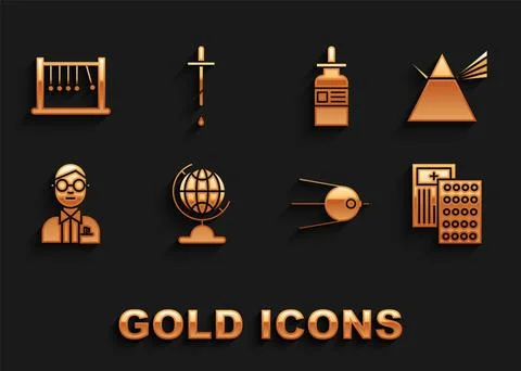 Set Earth globe, Light rays in prism, Pills blister pack, Satellite, Scientis Stock Illustration