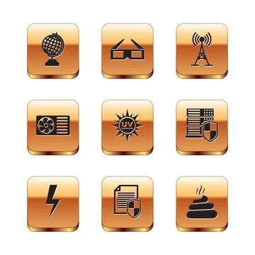 Set Earth globe, Lightning bolt, Document protection, UV, Air conditioner and Illustrazione stock