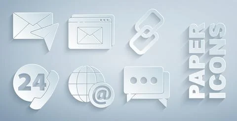 Set Earth globe with mail, Chain link, Telephone 24 hours support, Speech bubble Stock Illustration