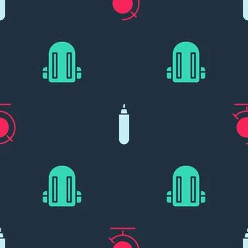 Set Earth globe, Marker pen and School backpack on seamless pattern. Vector 스톡 일러스트