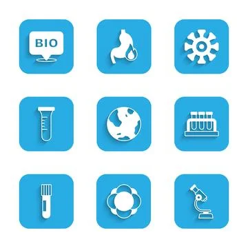 Set Earth globe, Molecule, Microscope, Test tube and flask, Bacteria and Bio Stock Illustration
