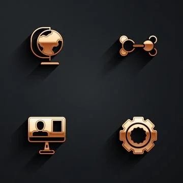 Set Earth globe, Molecule, Online class and Gear icon with long shadow. Vector 스톡 일러스트