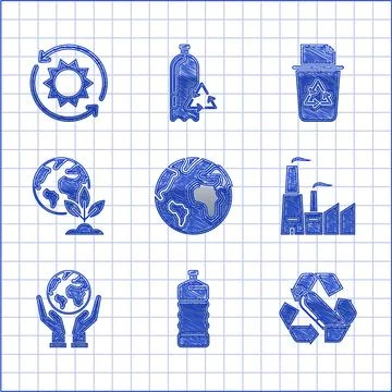 Set Earth globe, Plastic bottle, Recycling plastic, Factory, Human hands holding Ilustración de archivo