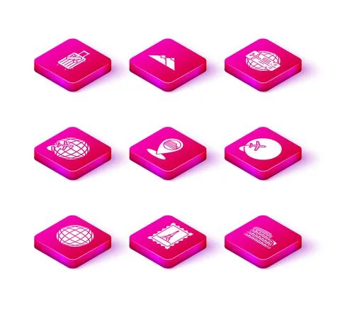 Set Earth globe, Postal stamp and Eiffel tower, Globe with flying plane, Map Stock Illustration