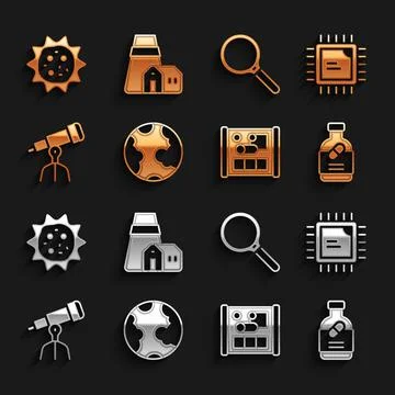 Set Earth globe, Processor CPU, Medicine bottle and pills, Graphing paper for Illustrazione stock