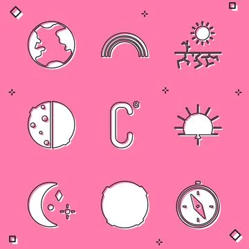 Set Earth globe, Rainbow, Drought, Eclipse of the sun, Celsius, Sunrise, Moon Ilustração Stock