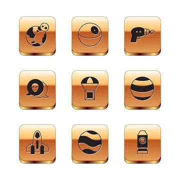 Set Earth globe, Rocket ship, Planet, Box flying on parachute, Alien, Ray gun Stock Illustration