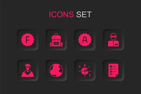 Set Earth globe, School backpack, Exam paper with incorrect answers, Trigon.. 스톡 일러스트